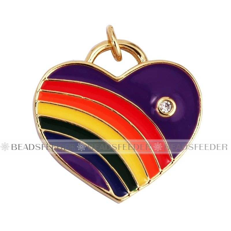 Rainbow Heart Enamel Charm Neon Pink Orange Turquoise Blue Pendant Oil Dropped,Gold Plated Colour,Necklace Bracelet Making L28