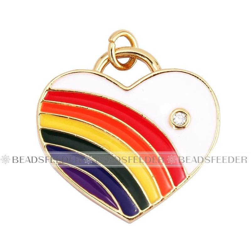 Rainbow Heart Enamel Charm Neon Pink Orange Turquoise Blue Pendant Oil Dropped,Gold Plated Colour,Necklace Bracelet Making L28
