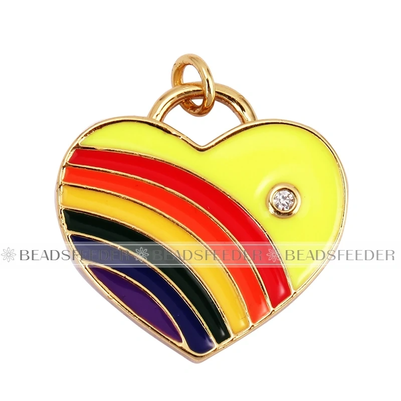 Rainbow Heart Enamel Charm Neon Pink Orange Turquoise Blue Pendant Oil Dropped,Gold Plated Colour,Necklace Bracelet Making L28