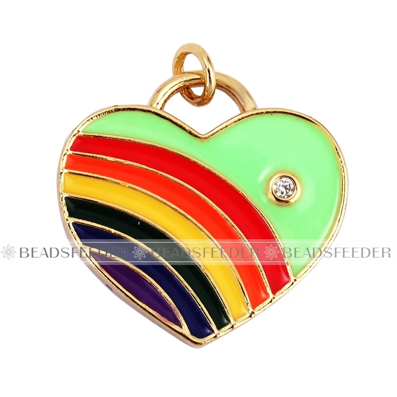 Rainbow Heart Enamel Charm Neon Pink Orange Turquoise Blue Pendant Oil Dropped,Gold Plated Colour,Necklace Bracelet Making L28