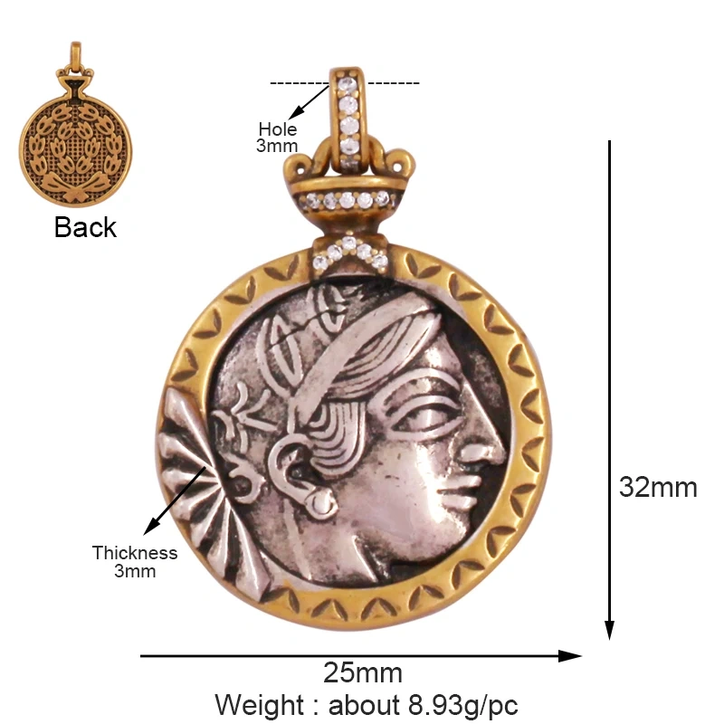 Antique Gold Bronze Beauty Portrait Knight Angel Goddess Coin Medallion Charm Pendant,Necklace Jewelry Accessories Supplies M64