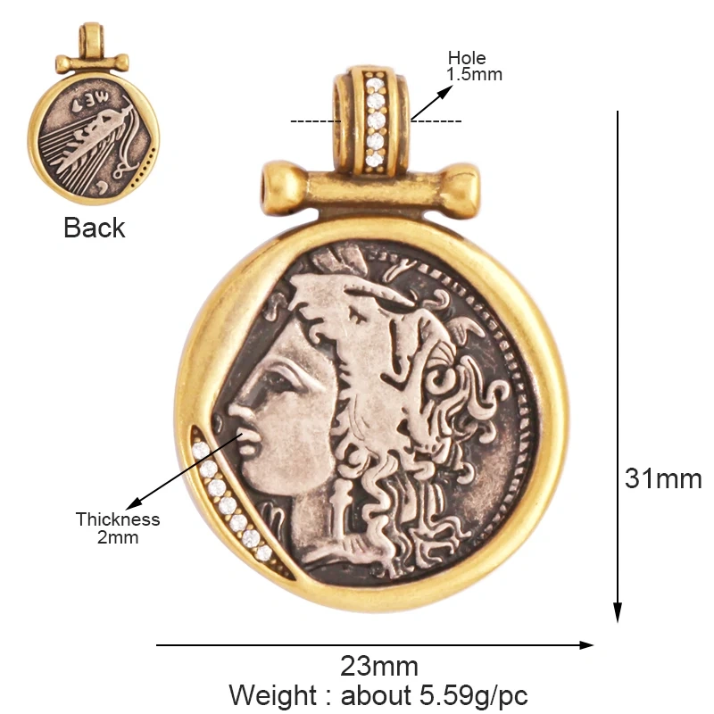 Antique Gold Bronze Beauty Portrait Knight Angel Goddess Coin Medallion Charm Pendant,Necklace Jewelry Accessories Supplies M64