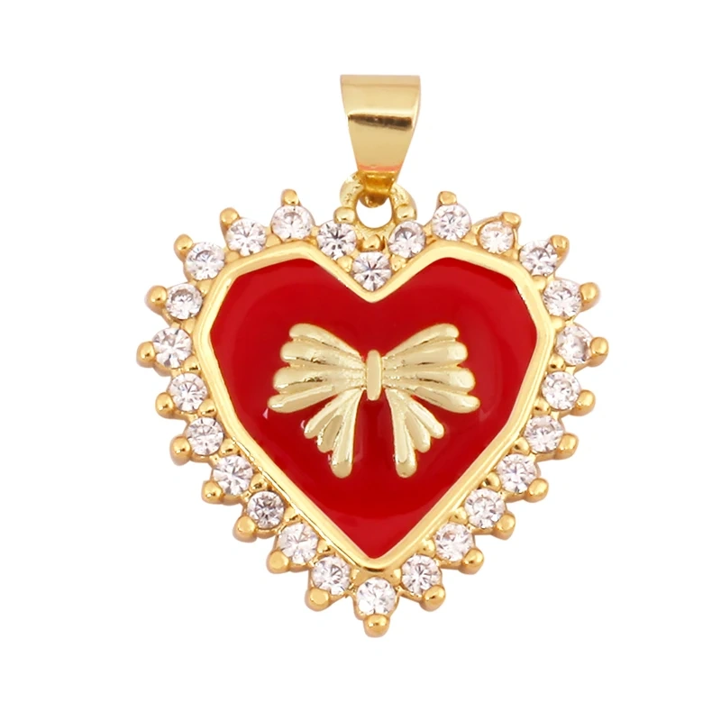Trendy Love Heart Bowknot Enamel Zircon Charm Pendant,18K Gold Plated Necklace Bracelet Handmade Jewelry Accessories Supply K59