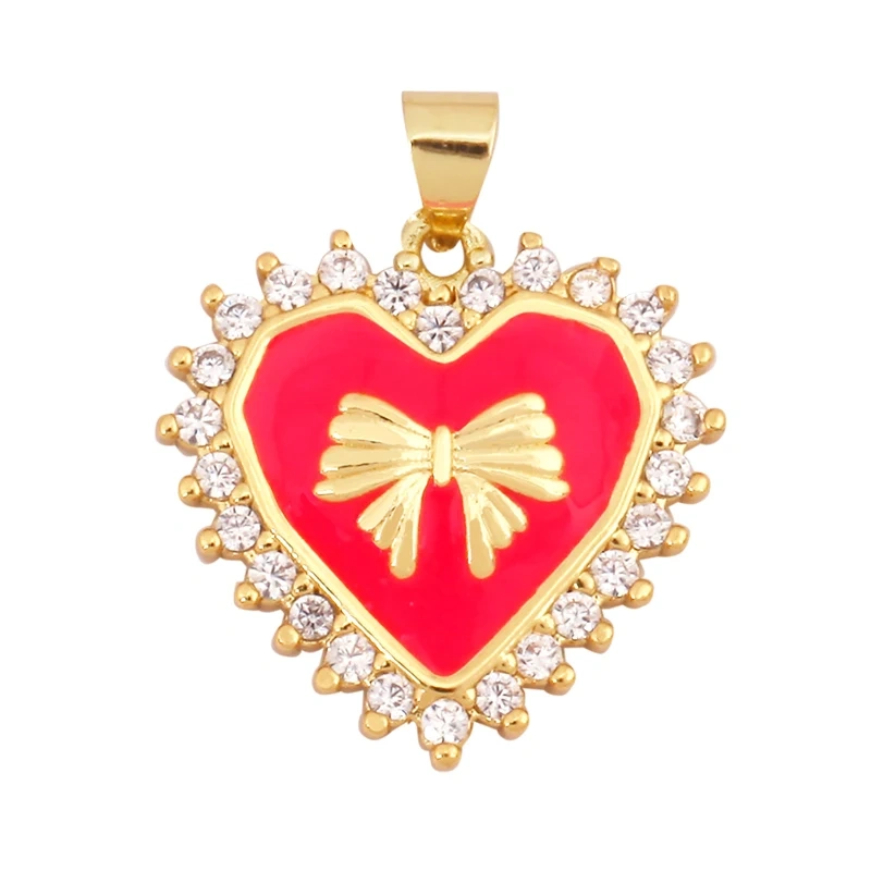 Trendy Love Heart Bowknot Enamel Zircon Charm Pendant,18K Gold Plated Necklace Bracelet Handmade Jewelry Accessories Supply K59