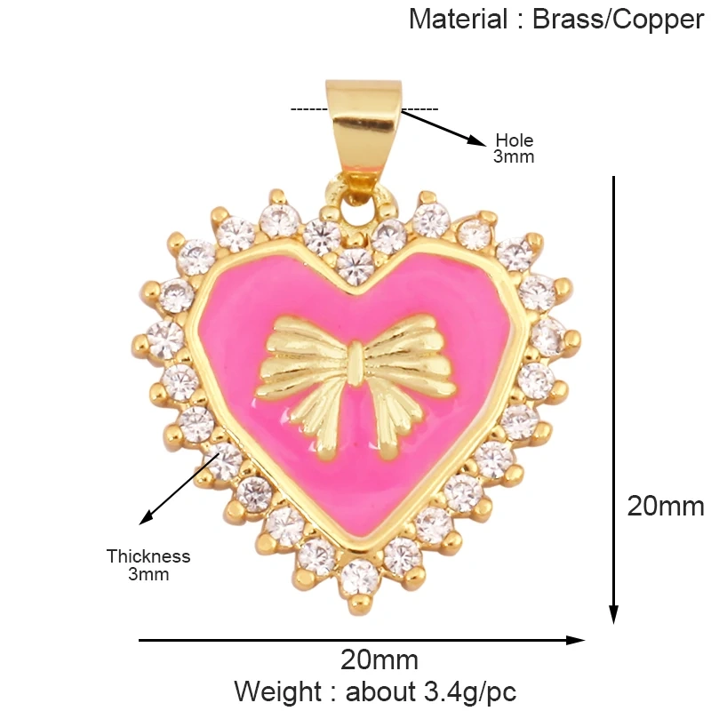 Trendy Love Heart Bowknot Enamel Zircon Charm Pendant,18K Gold Plated Necklace Bracelet Handmade Jewelry Accessories Supply K59