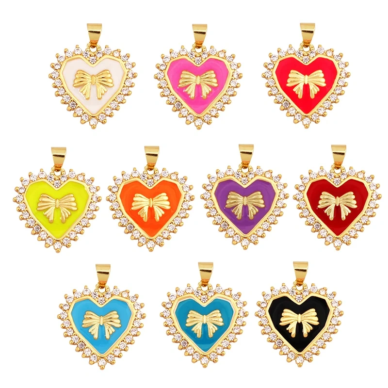 Trendy Love Heart Bowknot Enamel Zircon Charm Pendant,18K Gold Plated Necklace Bracelet Handmade Jewelry Accessories Supply K59