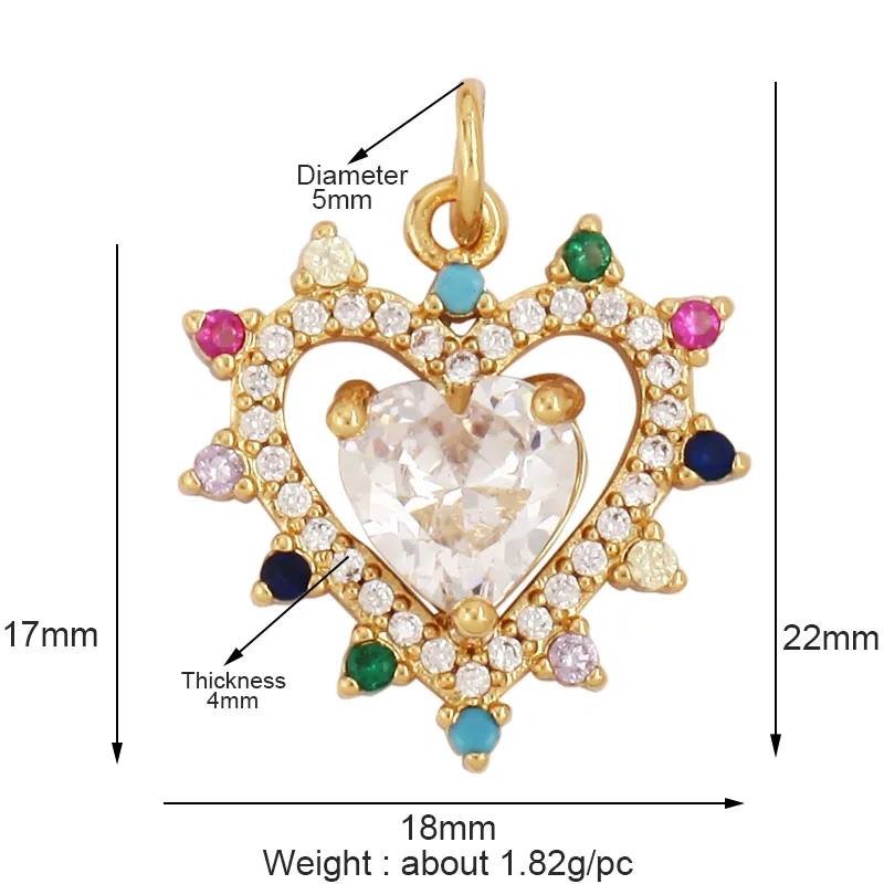 Trendy Crystal Heart Shape Charm Pendant,Colorful Zircon 18K Gold Plated Necklace Bracelet for Handmade Jewelry Accessories M78