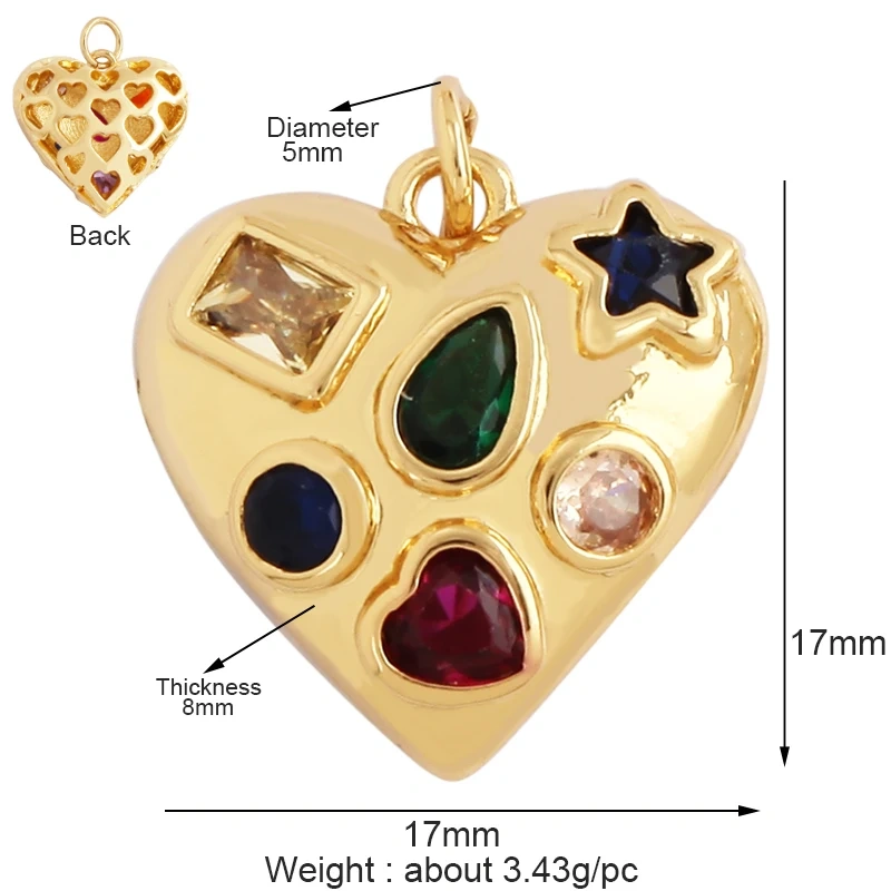 Trendy Crystal Heart Shape Charm Pendant,Colorful Zircon 18K Gold Plated Necklace Bracelet for Handmade Jewelry Accessories M78