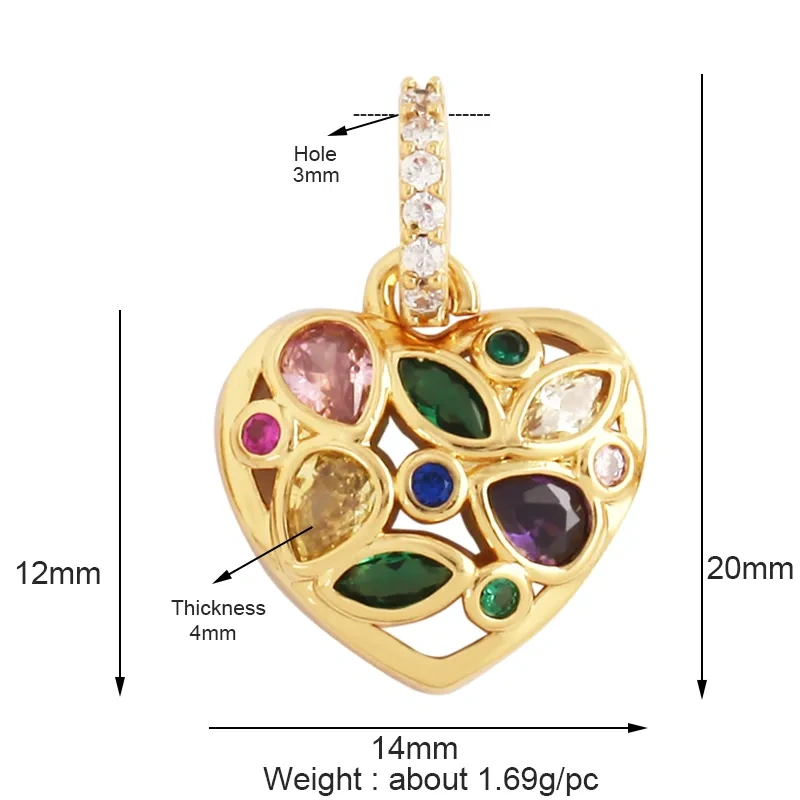 Trendy Crystal Heart Shape Charm Pendant,Colorful Zircon 18K Gold Plated Necklace Bracelet for Handmade Jewelry Accessories M78