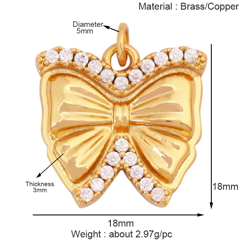 Trendy Bowknot Cubic Zirconia Charm Pendant,18K Gold Plated Necklace Bracelet DIY Handmade Jewelry Making Accessories Supply K61