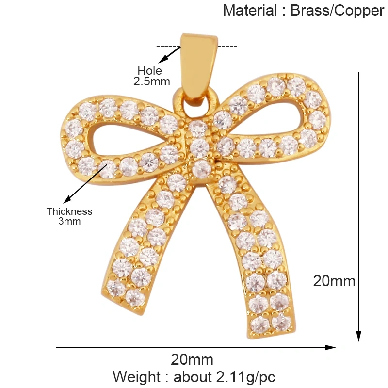 Trendy Bowknot Cubic Zirconia Charm Pendant,18K Gold Plated Necklace Bracelet DIY Handmade Jewelry Making Accessories Supply K61
