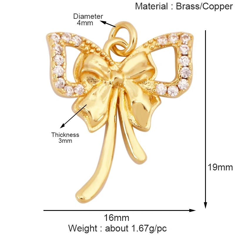 Trendy Bowknot Cubic Zirconia Charm Pendant,18K Gold Plated Necklace Bracelet DIY Handmade Jewelry Making Accessories Supply K61