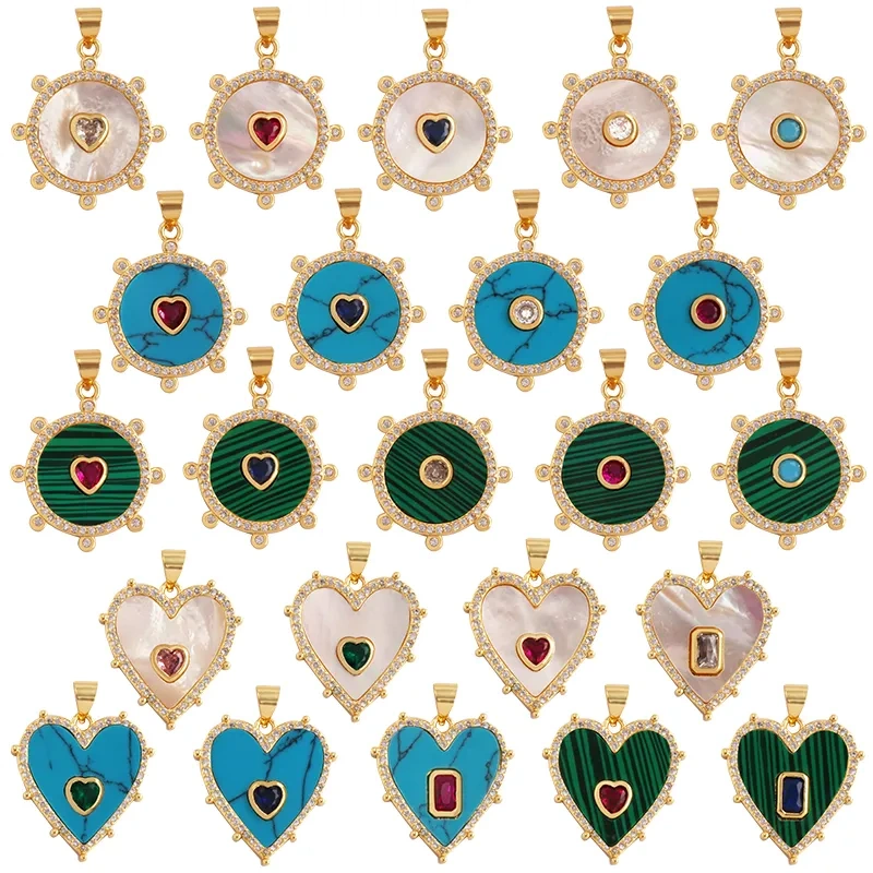 Trendy Round Heart Shape Natural Mother of Pearl Shell Agate Malachite Charm Pendant,Jewelry For Necklace Accessories Supply L55