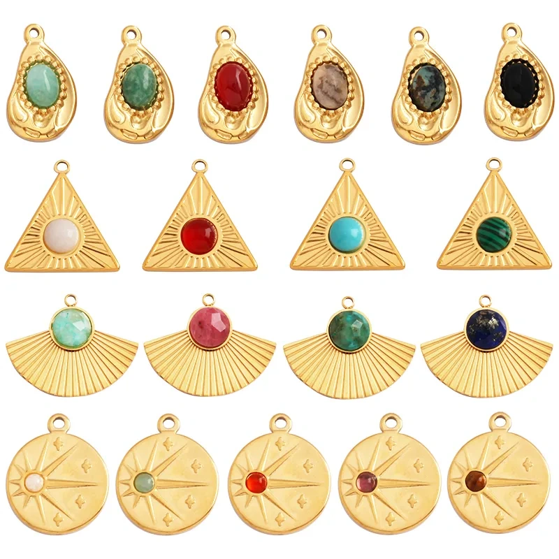 316 Stainless Steel Vaccum Plating Sun Fan Triangle Gem Stone Geometry Charm Pendant,DIY Bracelet Necklace Components Supply L72