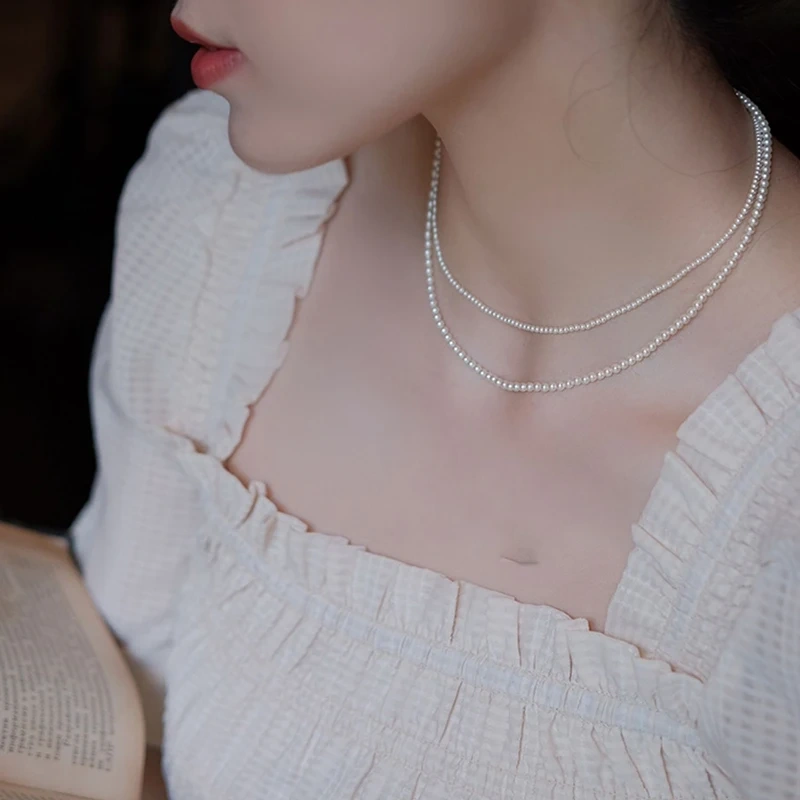 Slim Simple Classic Beaded Pearl Necklaces Made  from Swarovski elements 5810, Chain Necklaces For Women Office Jewelry