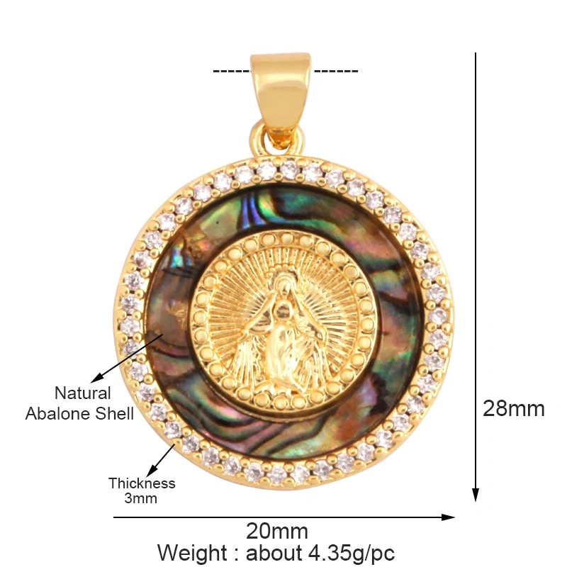 Round Shape Miraculous Medal Virgin Mary Catholic,Holy Natural Mother of Pearl Shell Agate Malachite Tiger Eye Pendant Charm