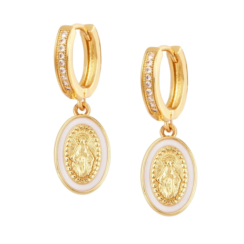 Enamel Miraculous Medal Virgin Mary Catholic Holy Earring,Brass 18K Real Gold Plated Colour,Trendy Charm Jewelry Gift Supplies