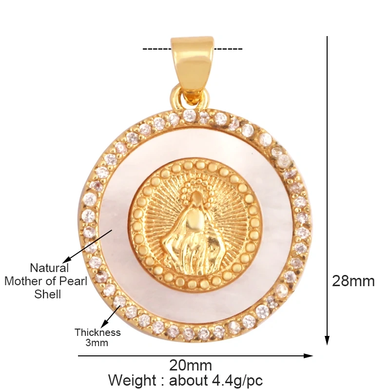 Round Shape Miraculous Medal Virgin Mary Catholic,Holy Natural Mother of Pearl Shell Agate Malachite Tiger Eye Pendant Charm