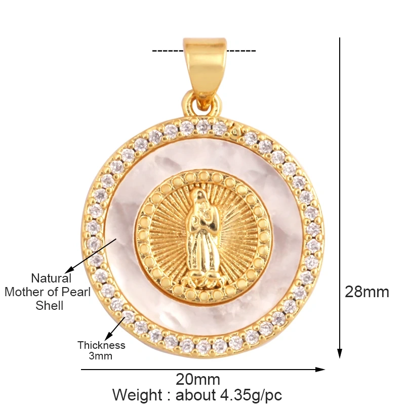 Round Shape Miraculous Medal Virgin Mary Catholic,Holy Natural Mother of Pearl Shell Agate Malachite Tiger Eye Pendant Charm M66