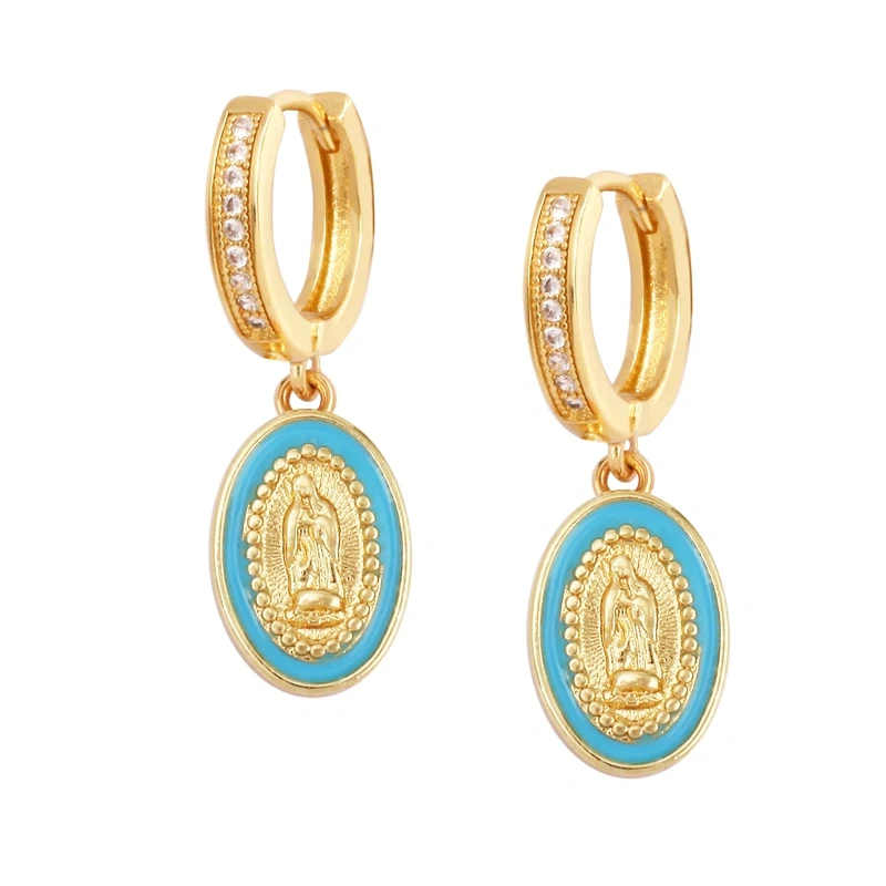 Enamel Miraculous Medal Virgin Mary Catholic Holy Earring,Brass 18K Real Gold Plated Colour,Trendy Charm Jewelry Gift Supplies M53