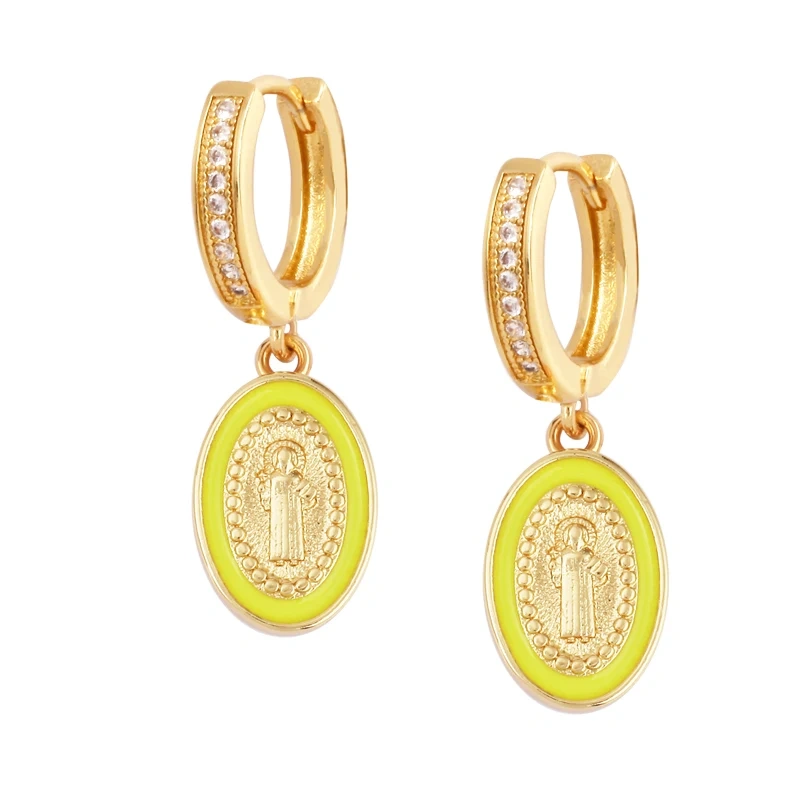 Enamel Miraculous Medal Virgin Mary Catholic Holy Earring,Brass 18K Real Gold Plated Colour,Trendy Charm Jewelry Gift Supplies M53