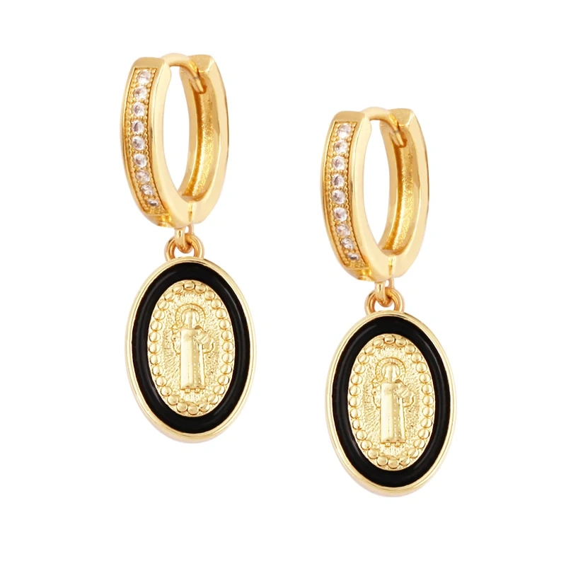 Enamel Miraculous Medal Virgin Mary Catholic Holy Earring,Brass 18K Real Gold Plated Colour,Trendy Charm Jewelry Gift Supplies M53