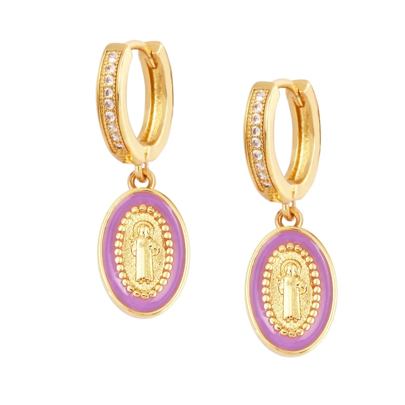 Enamel Miraculous Medal Virgin Mary Catholic Holy Earring,Brass 18K Real Gold Plated Colour,Trendy Charm Jewelry Gift Supplies M53