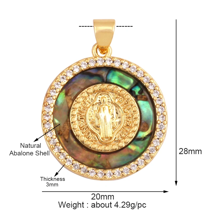 Round Shape Miraculous Medal Virgin Mary Catholic,Holy Natural Mother of Pearl Shell Agate Malachite Tiger Eye Pendant Charm M66