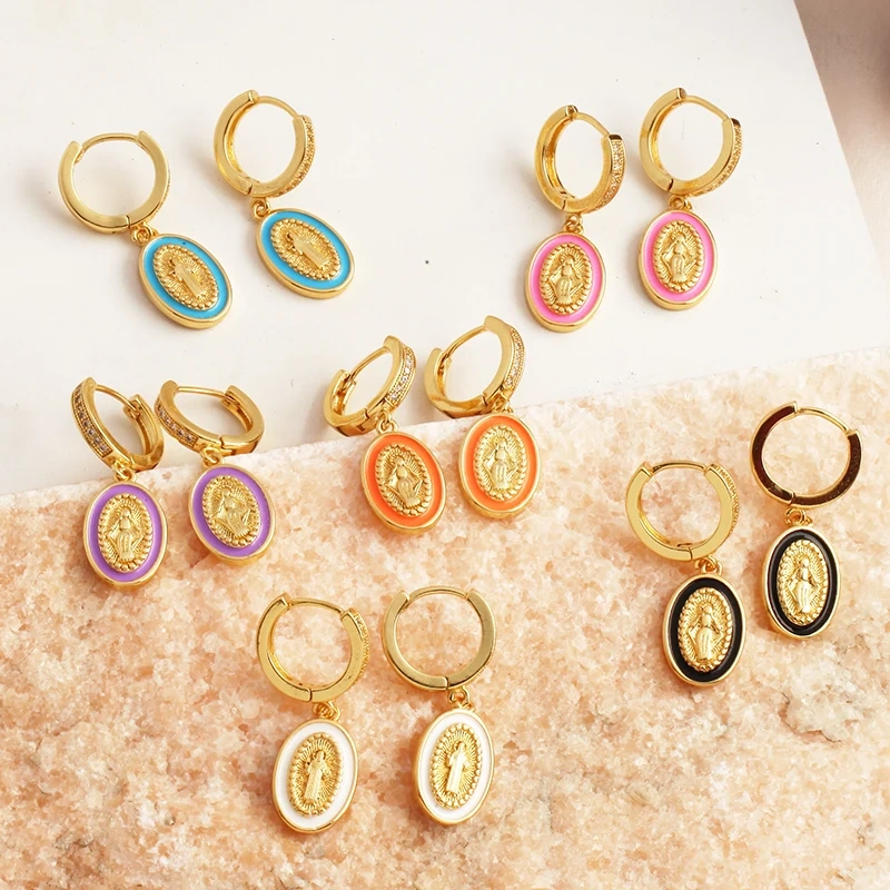 Enamel Miraculous Medal Virgin Mary Catholic Holy Earring,Brass 18K Real Gold Plated Colour,Trendy Charm Jewelry Gift Supplies