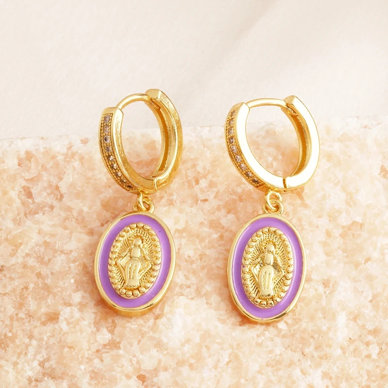 Enamel Miraculous Medal Virgin Mary Catholic Holy Earring,Brass 18K Real Gold Plated Colour,Trendy Charm Jewelry Gift Supplies