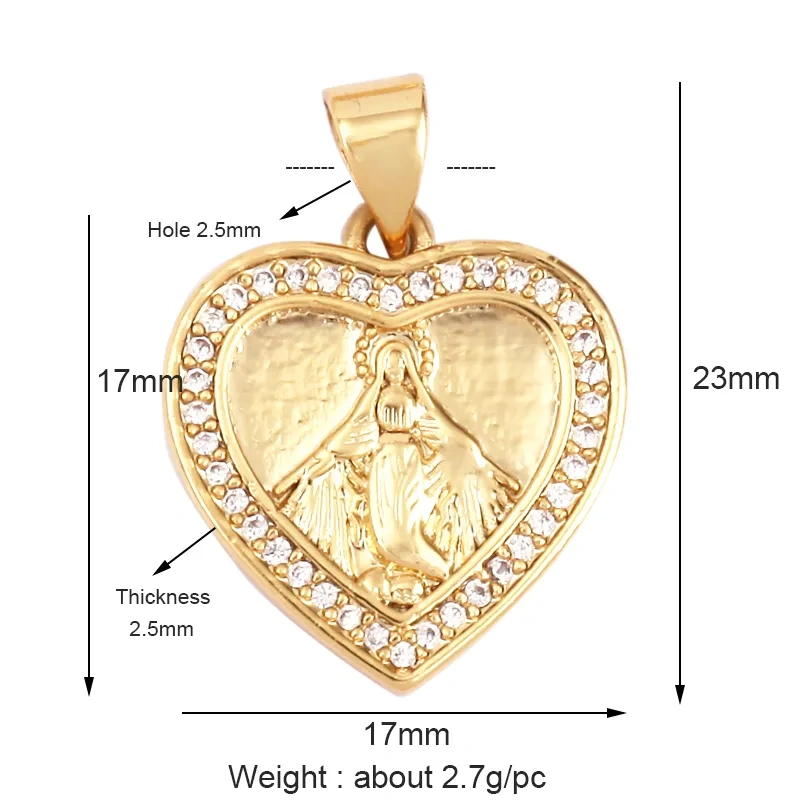 Miraculous Medal Charm Oval Heart Round Pendan,Colour CZ Paved,Real Gold Plated ,Necklace Bracelet Making Finding Supplies K11