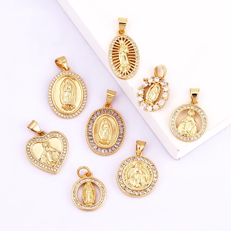 Miraculous Medal Charm Oval Heart Round Pendan,Colour CZ Paved,Real Gold Plated ,Necklace Bracelet Making Finding Supplies K11