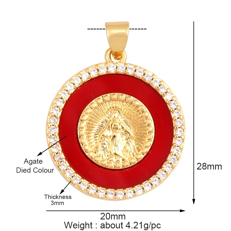 Round Shape Miraculous Medal Virgin Mary Catholic,Holy Natural Mother of Pearl Shell Agate Malachite Tiger Eye Pendant Charm