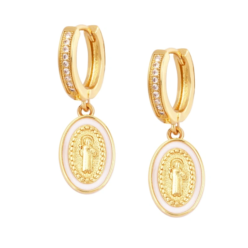 Enamel Miraculous Medal Virgin Mary Catholic Holy Earring,Brass 18K Real Gold Plated Colour,Trendy Charm Jewelry Gift Supplies M53