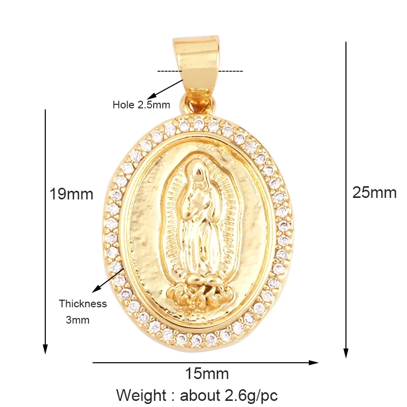 Miraculous Medal Charm Oval Heart Round Pendan,Colour CZ Paved,Real Gold Plated ,Necklace Bracelet Making Finding Supplies K11