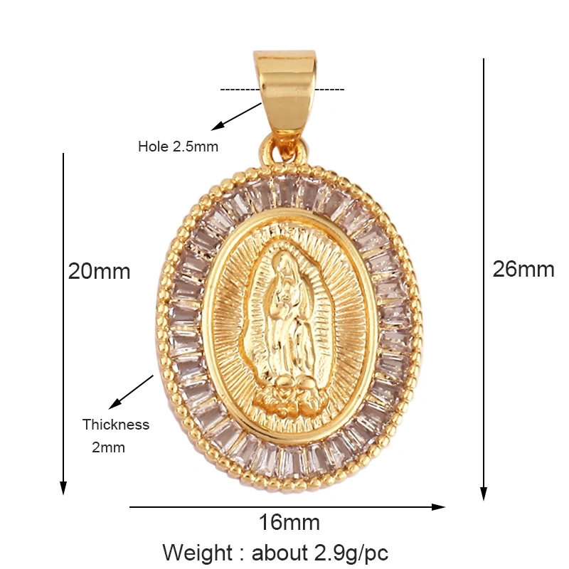 Miraculous Medal Charm Oval Heart Round Pendan,Colour CZ Paved,Real Gold Plated ,Necklace Bracelet Making Finding Supplies K11