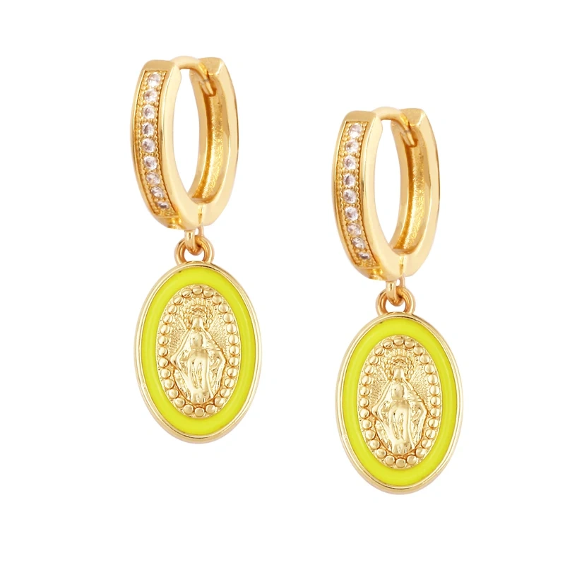 Enamel Miraculous Medal Virgin Mary Catholic Holy Earring,Brass 18K Real Gold Plated Colour,Trendy Charm Jewelry Gift Supplies M53