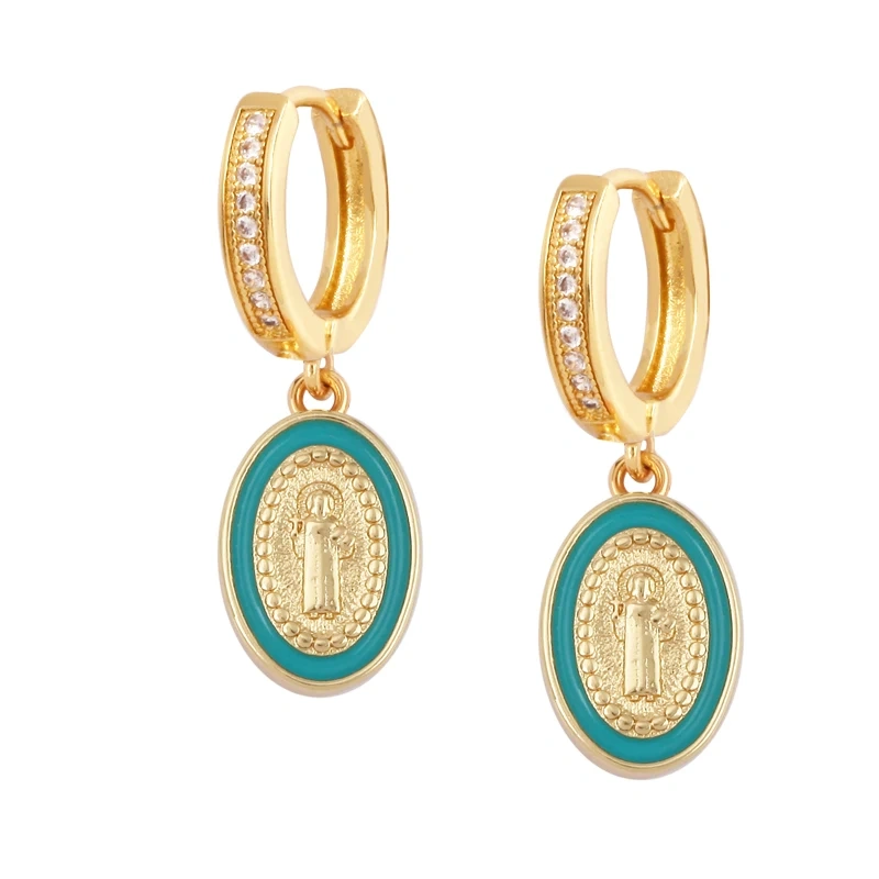 Enamel Miraculous Medal Virgin Mary Catholic Holy Earring,Brass 18K Real Gold Plated Colour,Trendy Charm Jewelry Gift Supplies M53