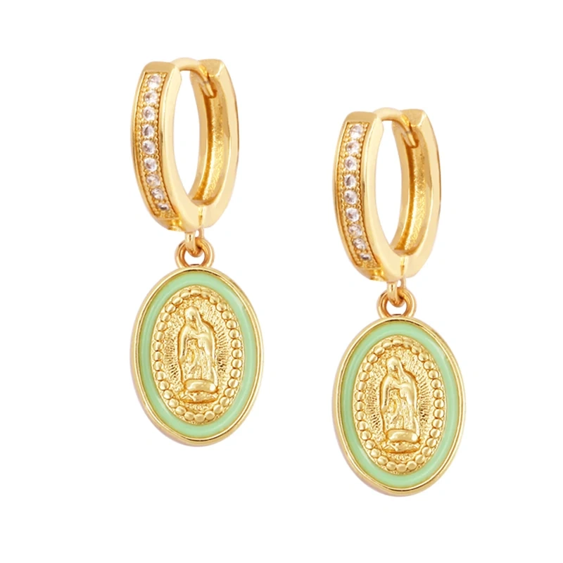Enamel Miraculous Medal Virgin Mary Catholic Holy Earring,Brass 18K Real Gold Plated Colour,Trendy Charm Jewelry Gift Supplies M53