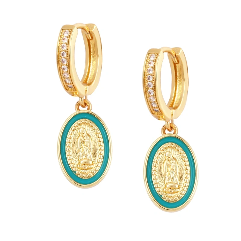 Enamel Miraculous Medal Virgin Mary Catholic Holy Earring,Brass 18K Real Gold Plated Colour,Trendy Charm Jewelry Gift Supplies M53