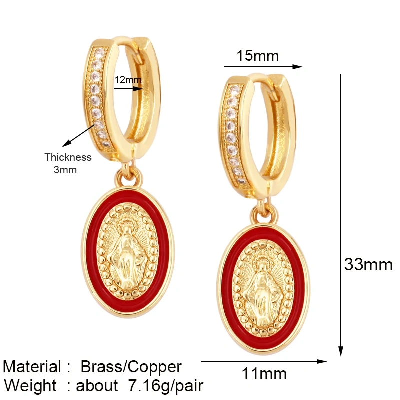 Enamel Miraculous Medal Virgin Mary Catholic Holy Earring,Brass 18K Real Gold Plated Colour,Trendy Charm Jewelry Gift Supplies
