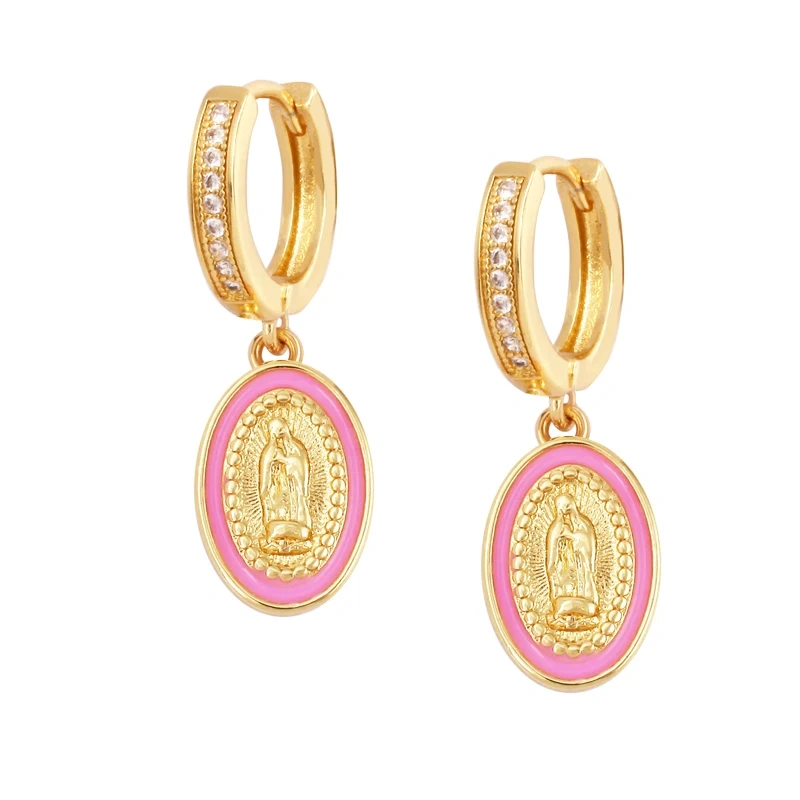 Enamel Miraculous Medal Virgin Mary Catholic Holy Earring,Brass 18K Real Gold Plated Colour,Trendy Charm Jewelry Gift Supplies M53