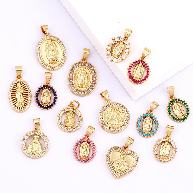 Miraculous Medal Charm Oval Heart Round Pendan,Colour CZ Paved,Real Gold Plated ,Necklace Bracelet Making Finding Supplies K11