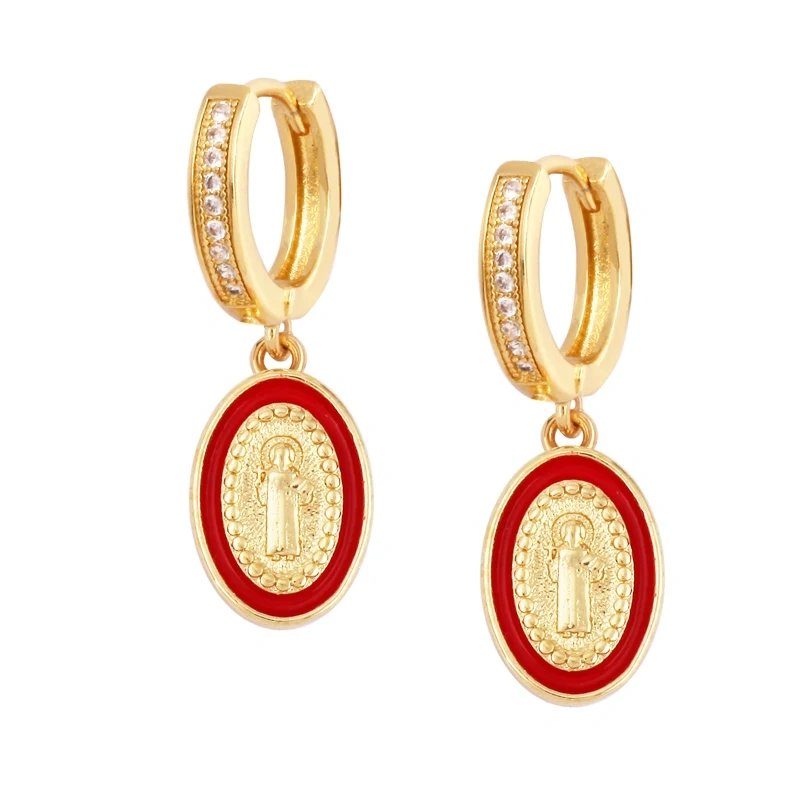 Enamel Miraculous Medal Virgin Mary Catholic Holy Earring,Brass 18K Real Gold Plated Colour,Trendy Charm Jewelry Gift Supplies M53