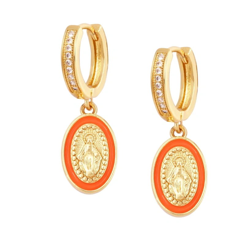 Enamel Miraculous Medal Virgin Mary Catholic Holy Earring,Brass 18K Real Gold Plated Colour,Trendy Charm Jewelry Gift Supplies