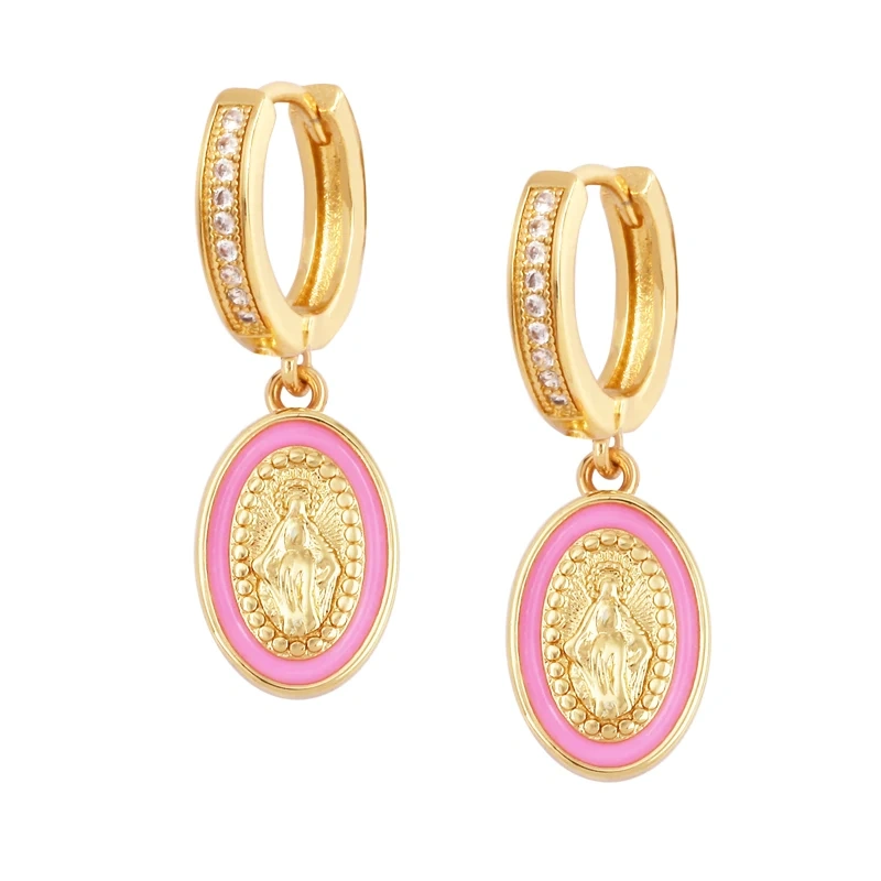 Enamel Miraculous Medal Virgin Mary Catholic Holy Earring,Brass 18K Real Gold Plated Colour,Trendy Charm Jewelry Gift Supplies
