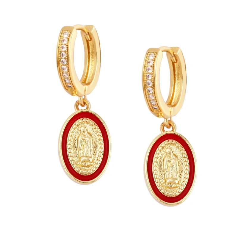 Enamel Miraculous Medal Virgin Mary Catholic Holy Earring,Brass 18K Real Gold Plated Colour,Trendy Charm Jewelry Gift Supplies