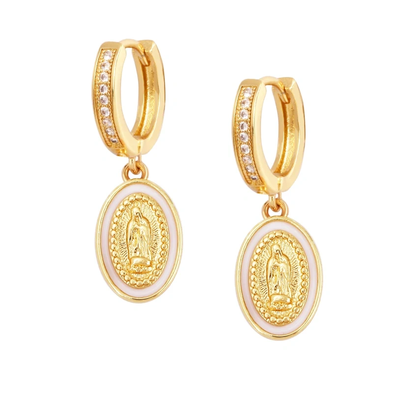 Enamel Miraculous Medal Virgin Mary Catholic Holy Earring,Brass 18K Real Gold Plated Colour,Trendy Charm Jewelry Gift Supplies M53