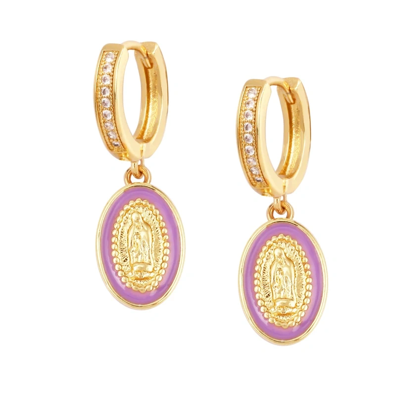 Enamel Miraculous Medal Virgin Mary Catholic Holy Earring,Brass 18K Real Gold Plated Colour,Trendy Charm Jewelry Gift Supplies M53