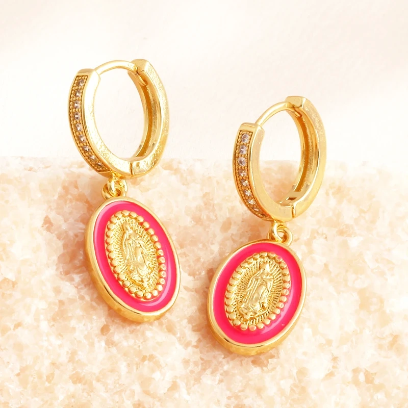 Enamel Miraculous Medal Virgin Mary Catholic Holy Earring,Brass 18K Real Gold Plated Colour,Trendy Charm Jewelry Gift Supplies